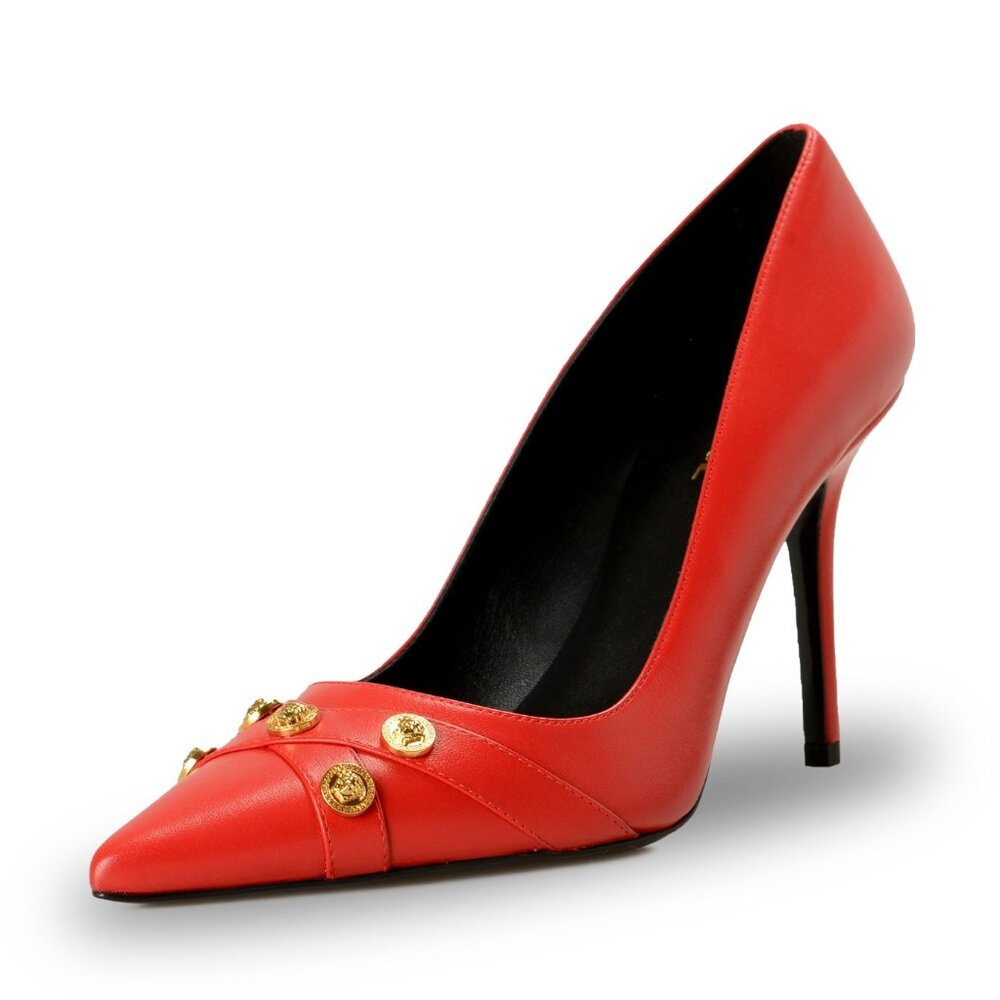 Versace Women's Gold Medusa True Red Leather Stilettos Pumps Shoes US 9 IT 39